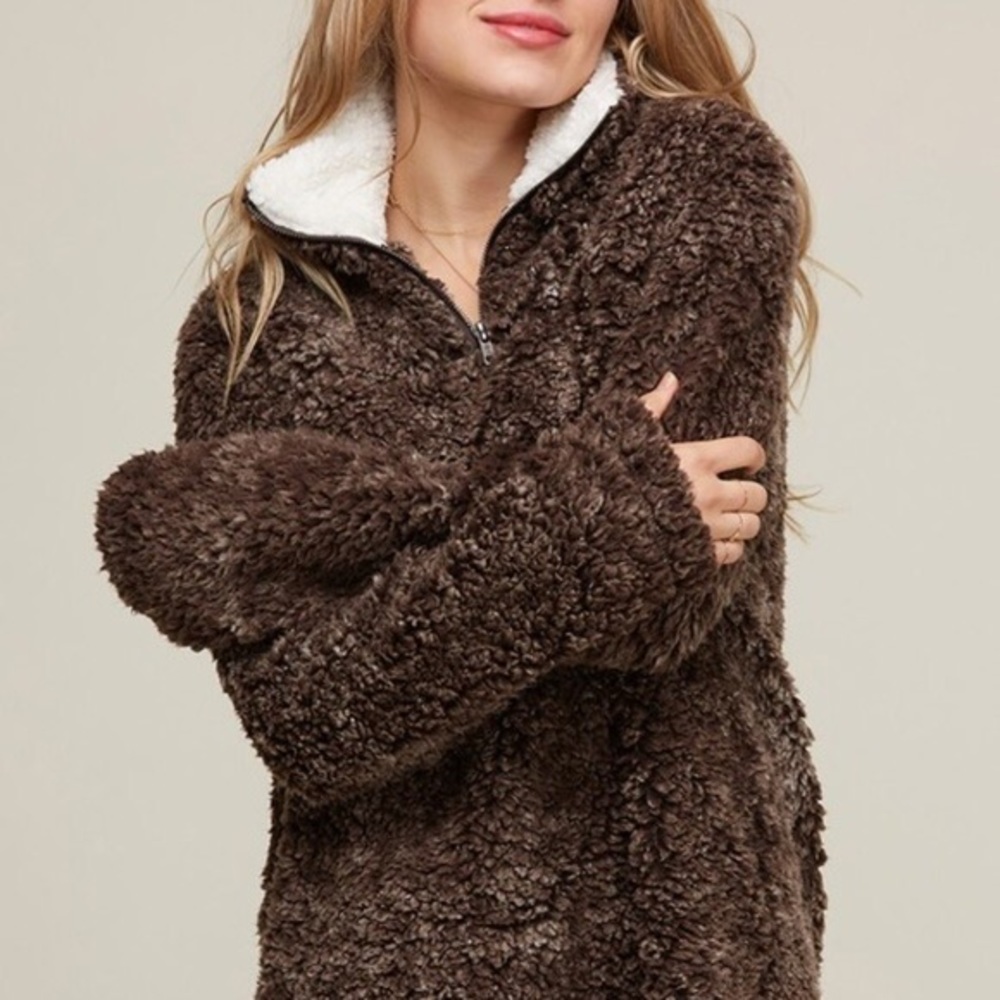 Brown Sherpa Fleece Pullover by Peach Love